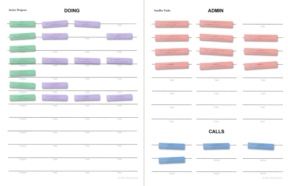 Preview of two pages inside Clarity Board: Workflow, showing Doing, Admin, and Calls layouts