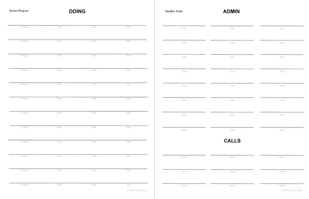 Preview of two pages inside Clarity Board: Workflow, showing Doing, Admin, and Calls layouts