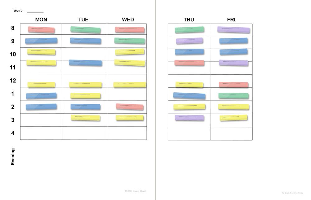 Preview of two pages inside Clarity Board: Calendar, showing the Mon-Fri hour-by-hour weekly grid