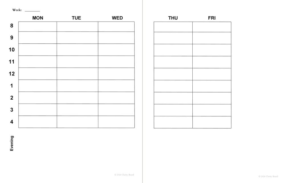 Preview of two pages inside Clarity Board: Calendar, showing the Mon-Fri hour-by-hour weekly grid